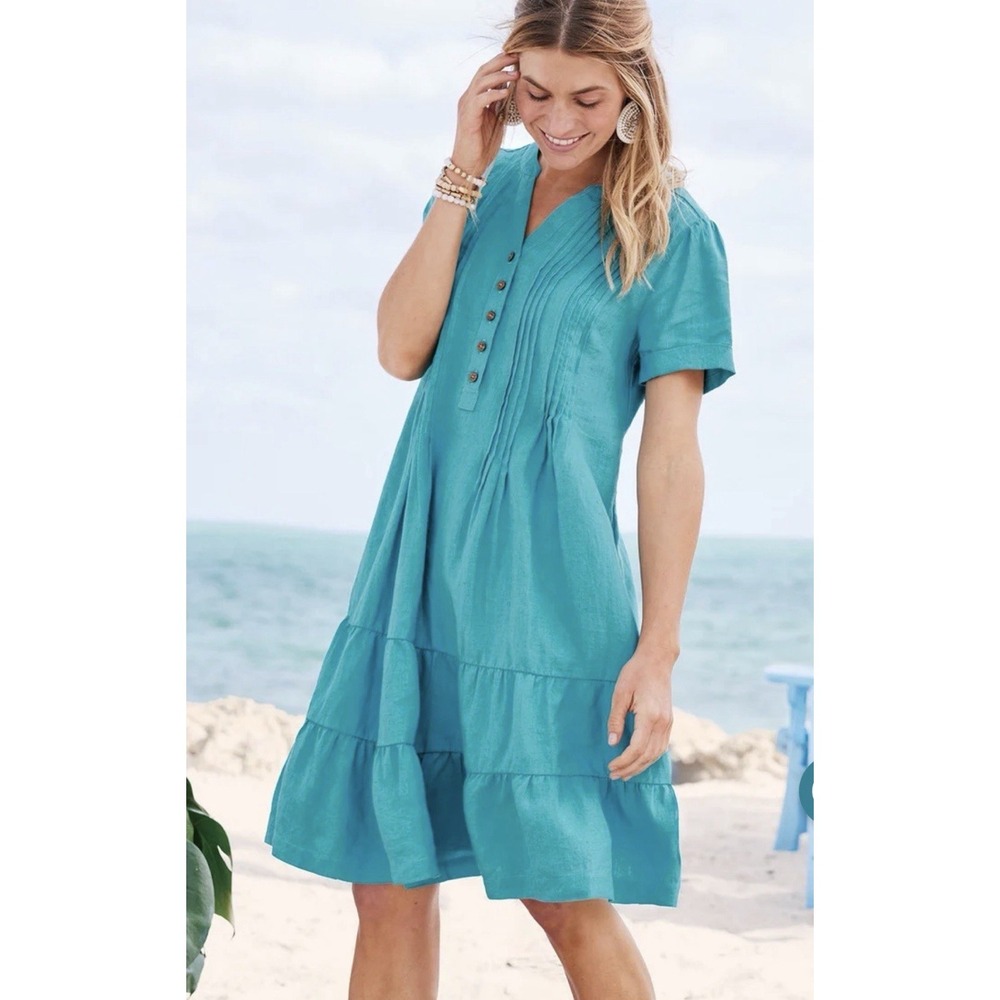 Soft Surroundings Daelia Linen Dress Sz M Aquarelle Teal Pleated Tiered Beachy